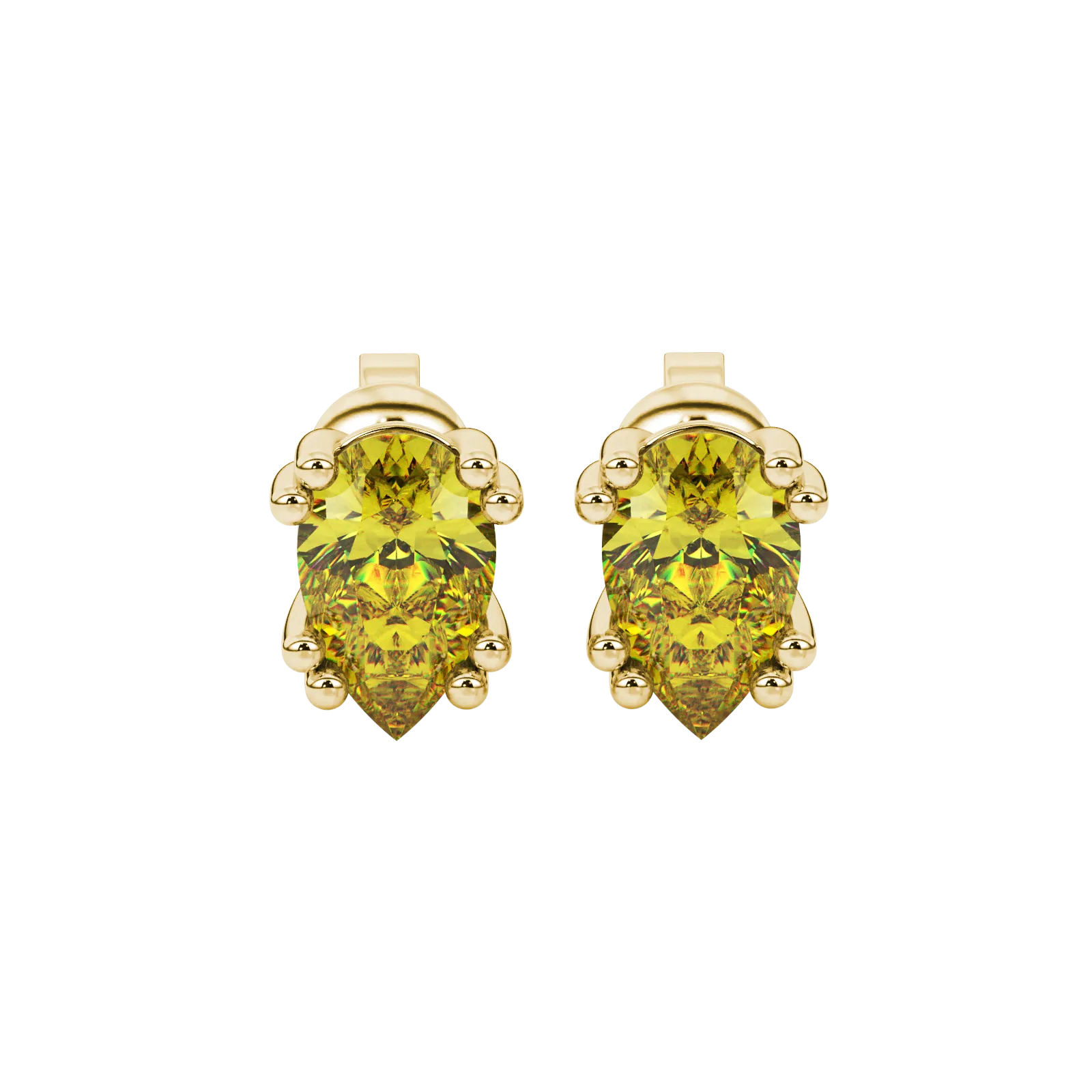 Pear shape canary yellow gemstone earrings, yellow gold vintage basket setting.