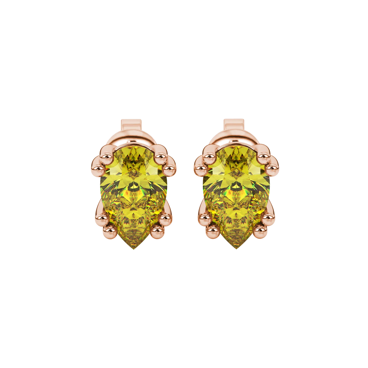 Pear shape canary yellow gemstone earrings, rose gold vintage basket setting.