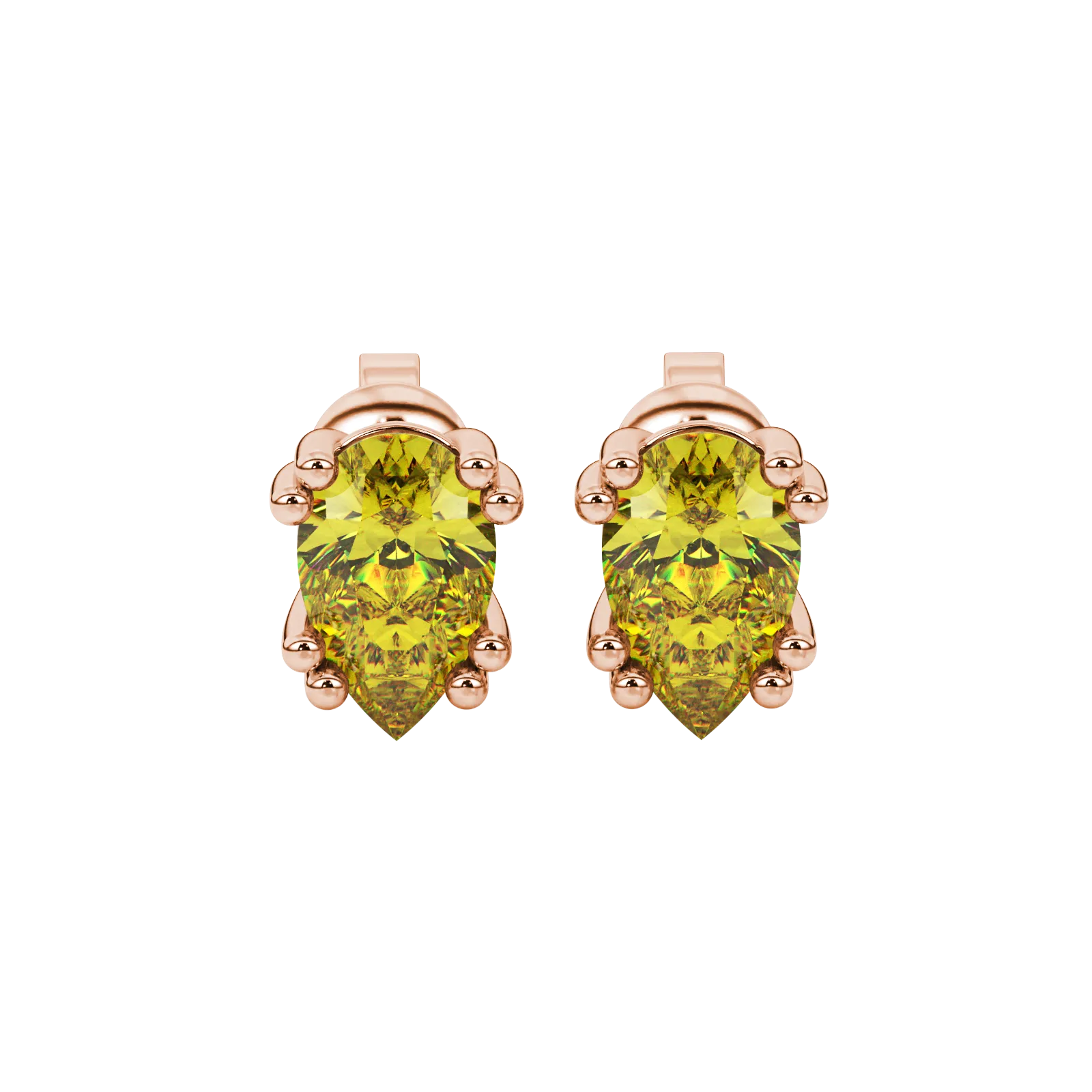 Pear shape canary yellow gemstone earrings, rose gold vintage basket setting.