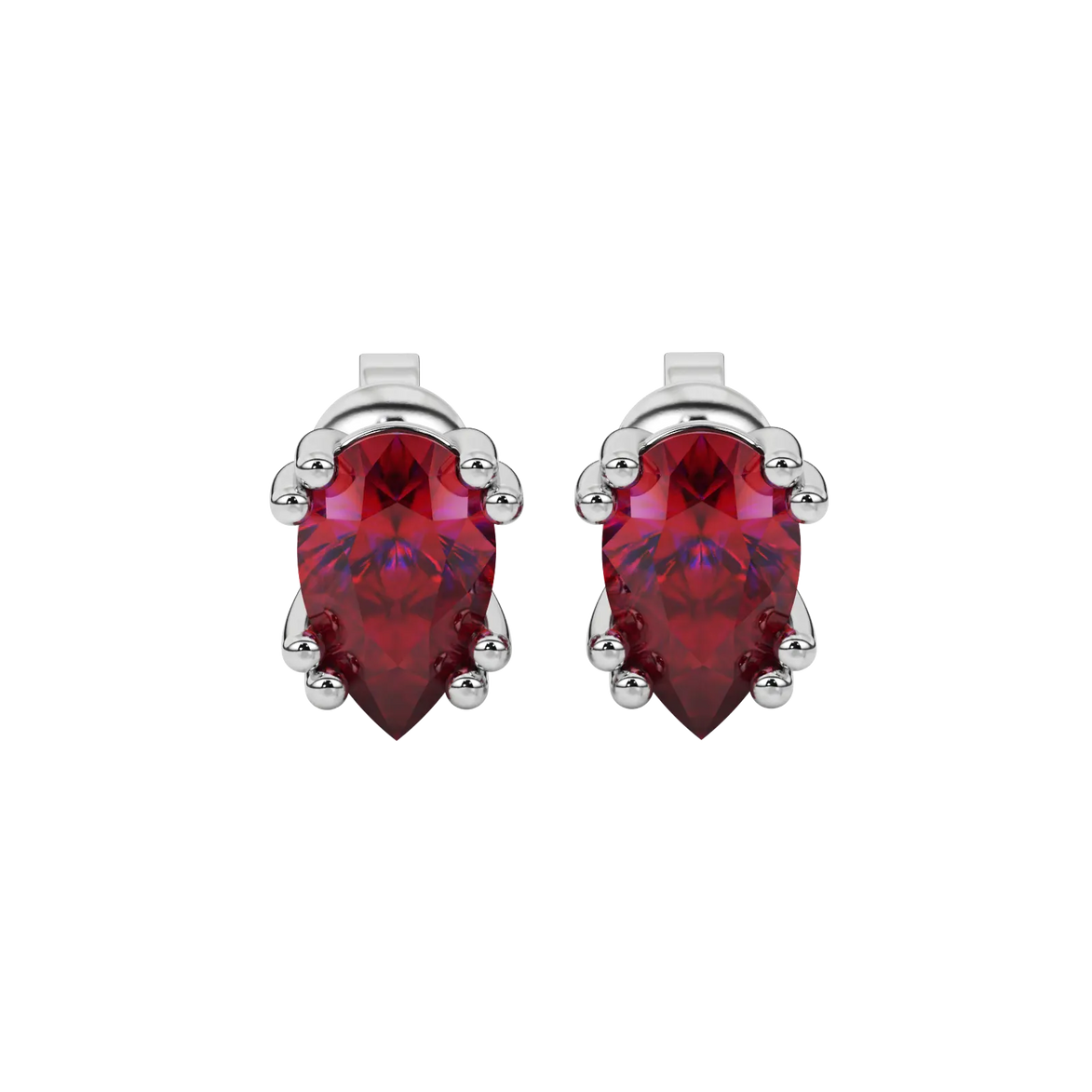 Pear shape raspberry red gemstone earrings, white gold vintage basket setting.