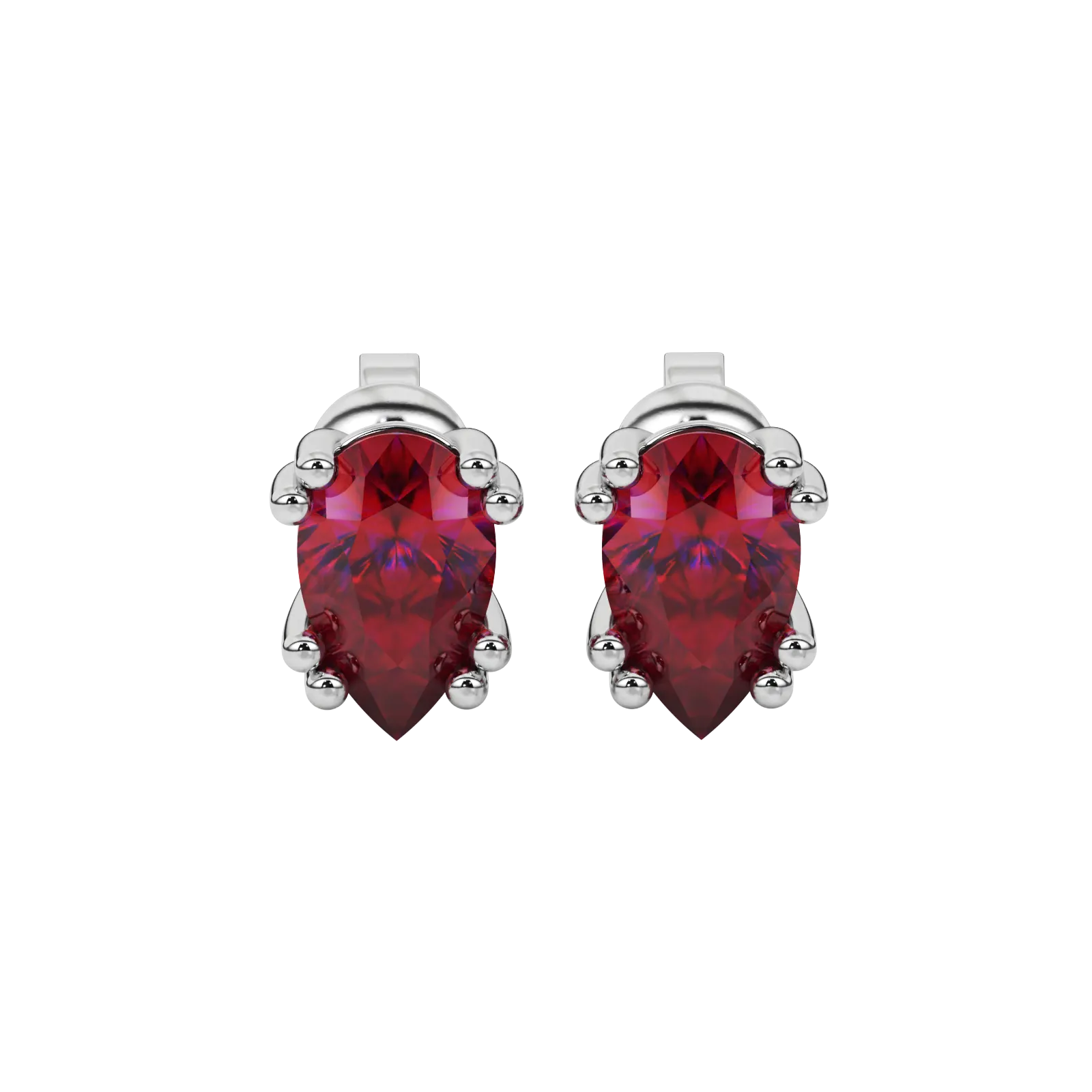 Pear shape raspberry red gemstone earrings, white gold vintage basket setting.