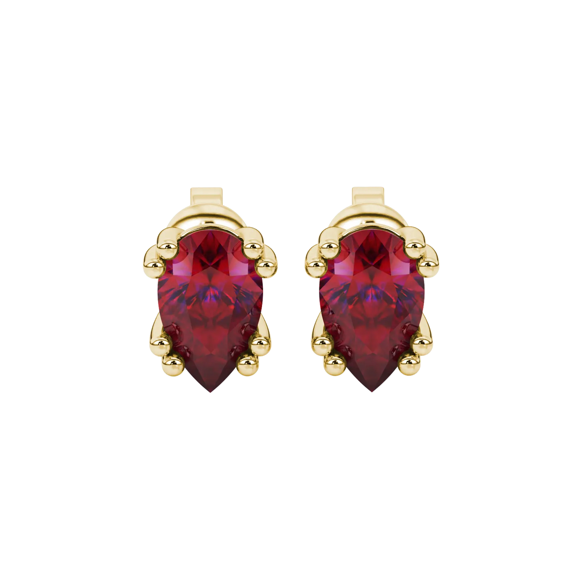Pear shape raspberry red gemstone earrings, yellow gold vintage basket setting.
