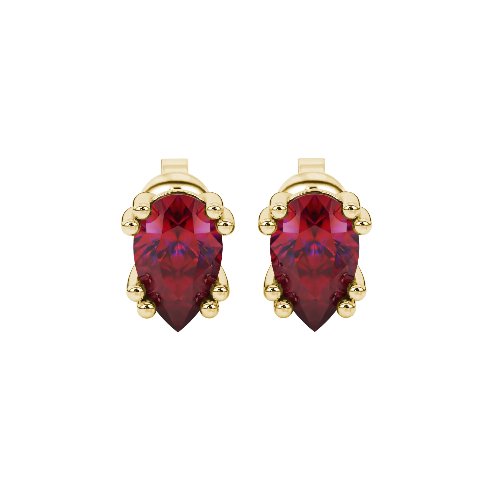 Pear shape raspberry red gemstone earrings, yellow gold vintage basket setting.