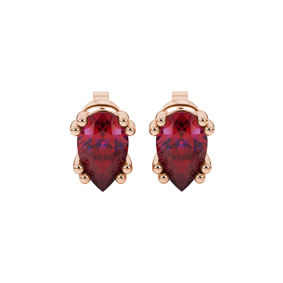 Pear shape raspberry red gemstone earrings, rose gold vintage basket setting.