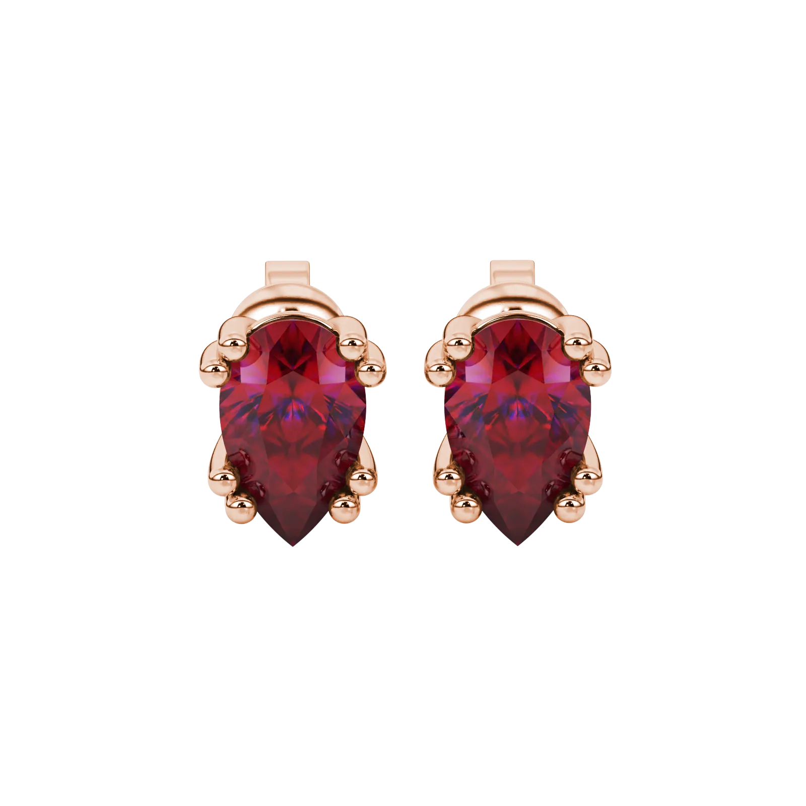 Pear shape raspberry red gemstone earrings, rose gold vintage basket setting.