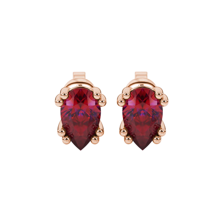 Pear shape raspberry red gemstone earrings, rose gold vintage basket setting.