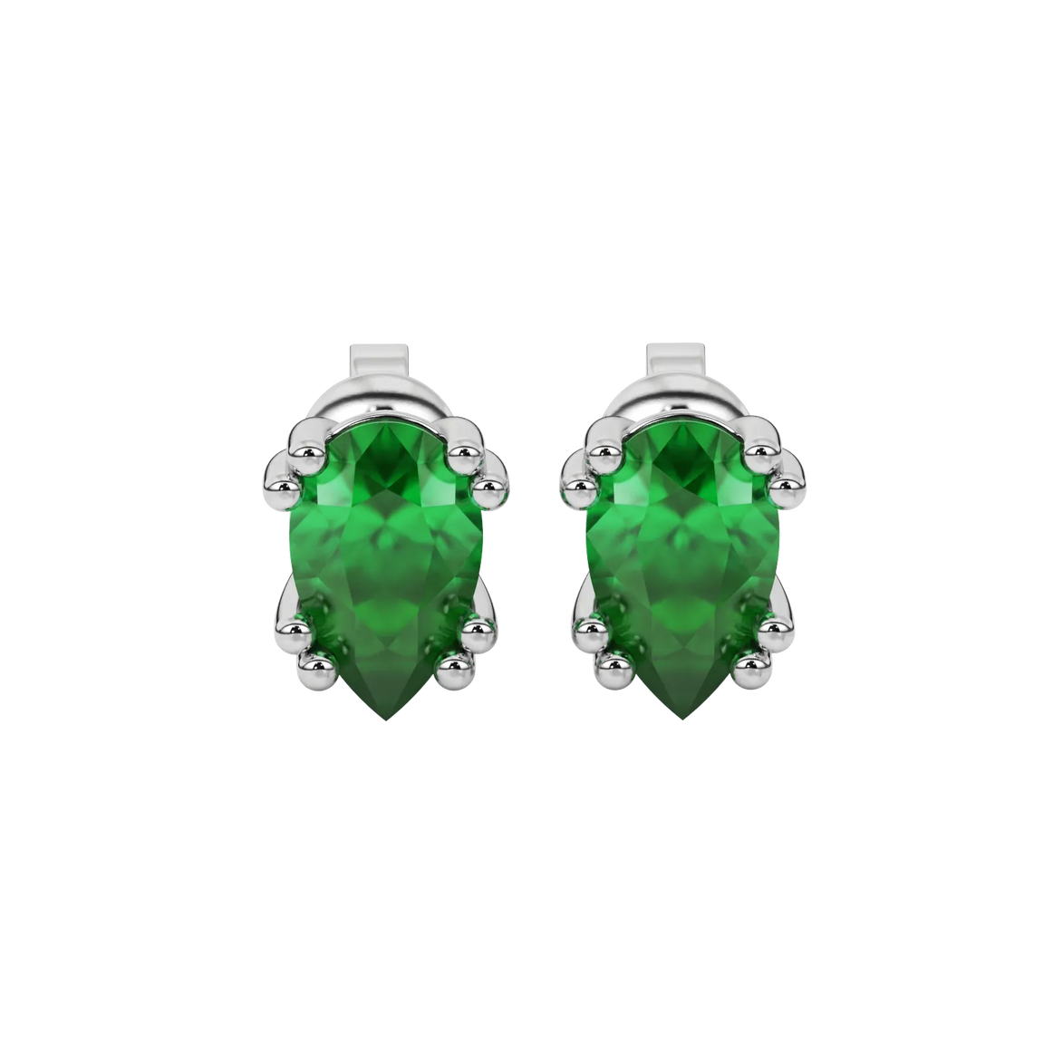 Pear shape emerald green gemstone earrings, white gold vintage basket setting.