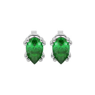 Pear shape emerald green gemstone earrings, white gold vintage basket setting.