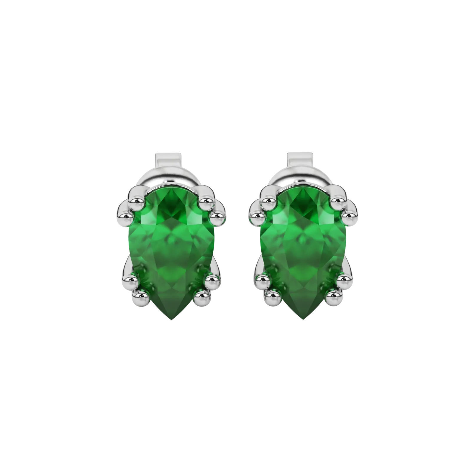 Pear shape emerald green gemstone earrings, white gold vintage basket setting.
