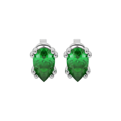 Pear shape emerald green gemstone earrings, white gold vintage basket setting.