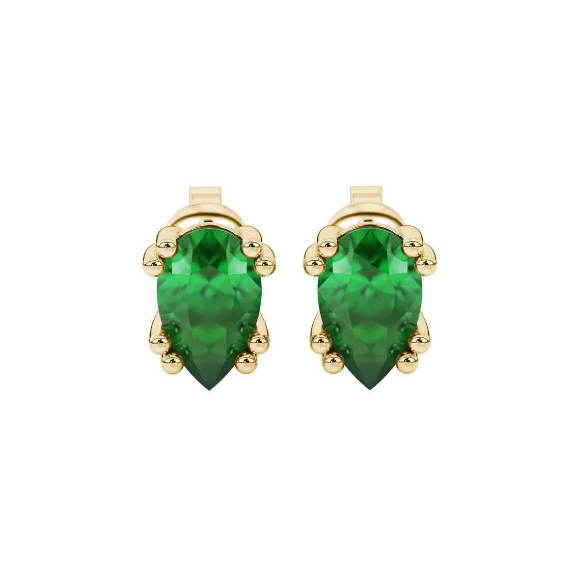 Pear shape emerald green gemstone earrings, yellow gold vintage basket setting.