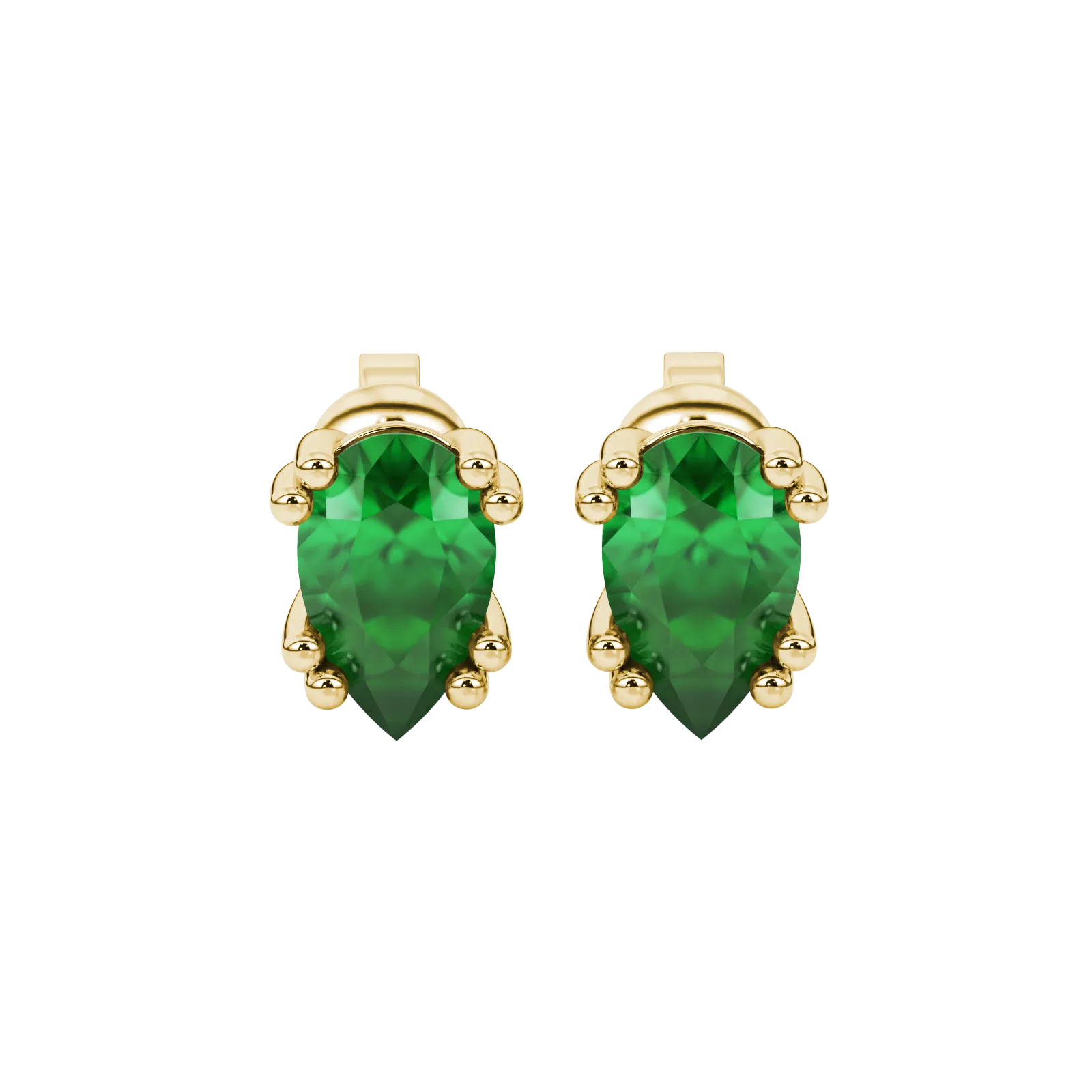 Pear shape emerald green gemstone earrings, yellow gold vintage basket setting.