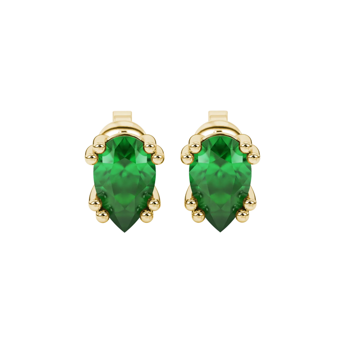Pear shape emerald green gemstone earrings, yellow gold vintage basket setting.