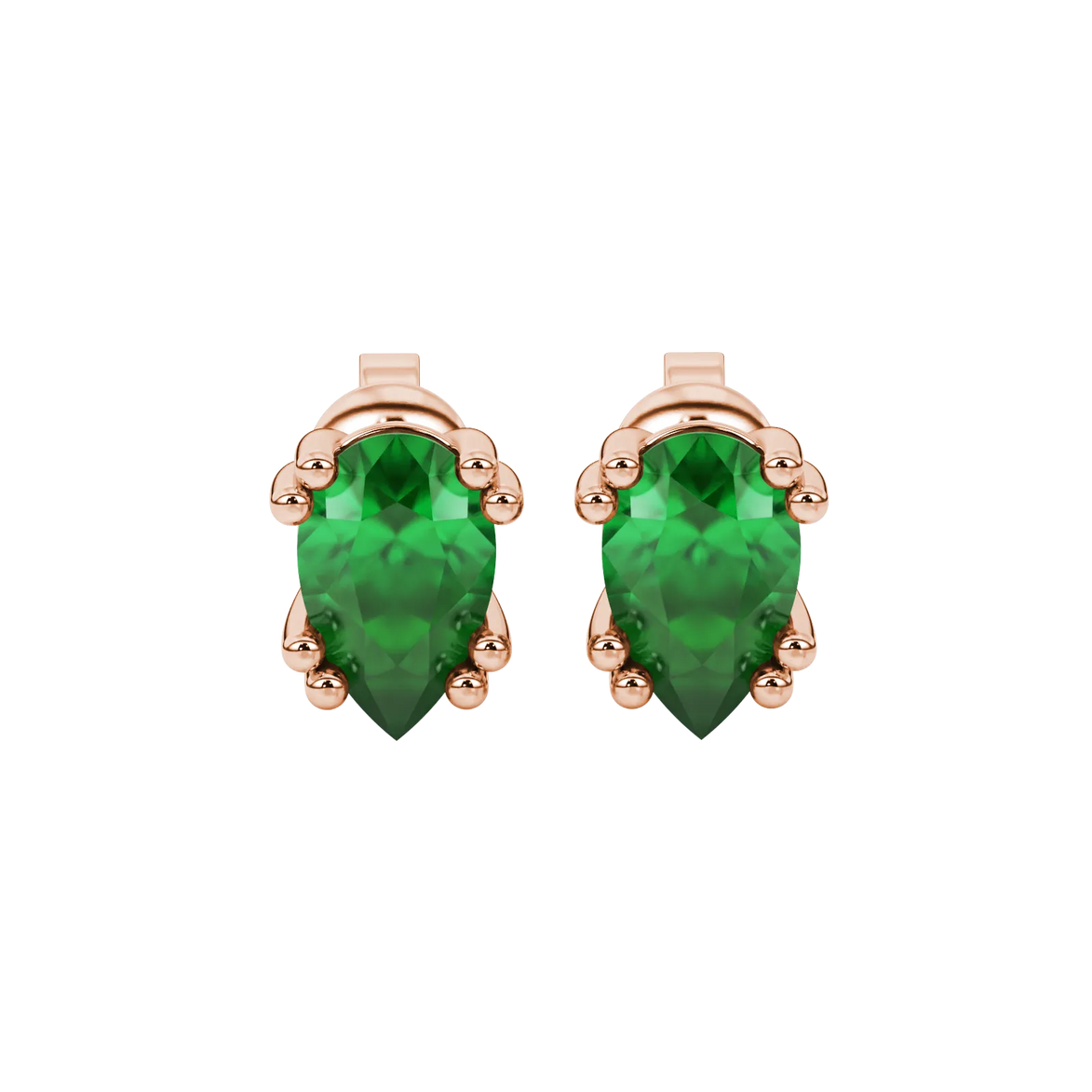 Pear shape emerald green gemstone earrings, rose gold vintage basket setting.