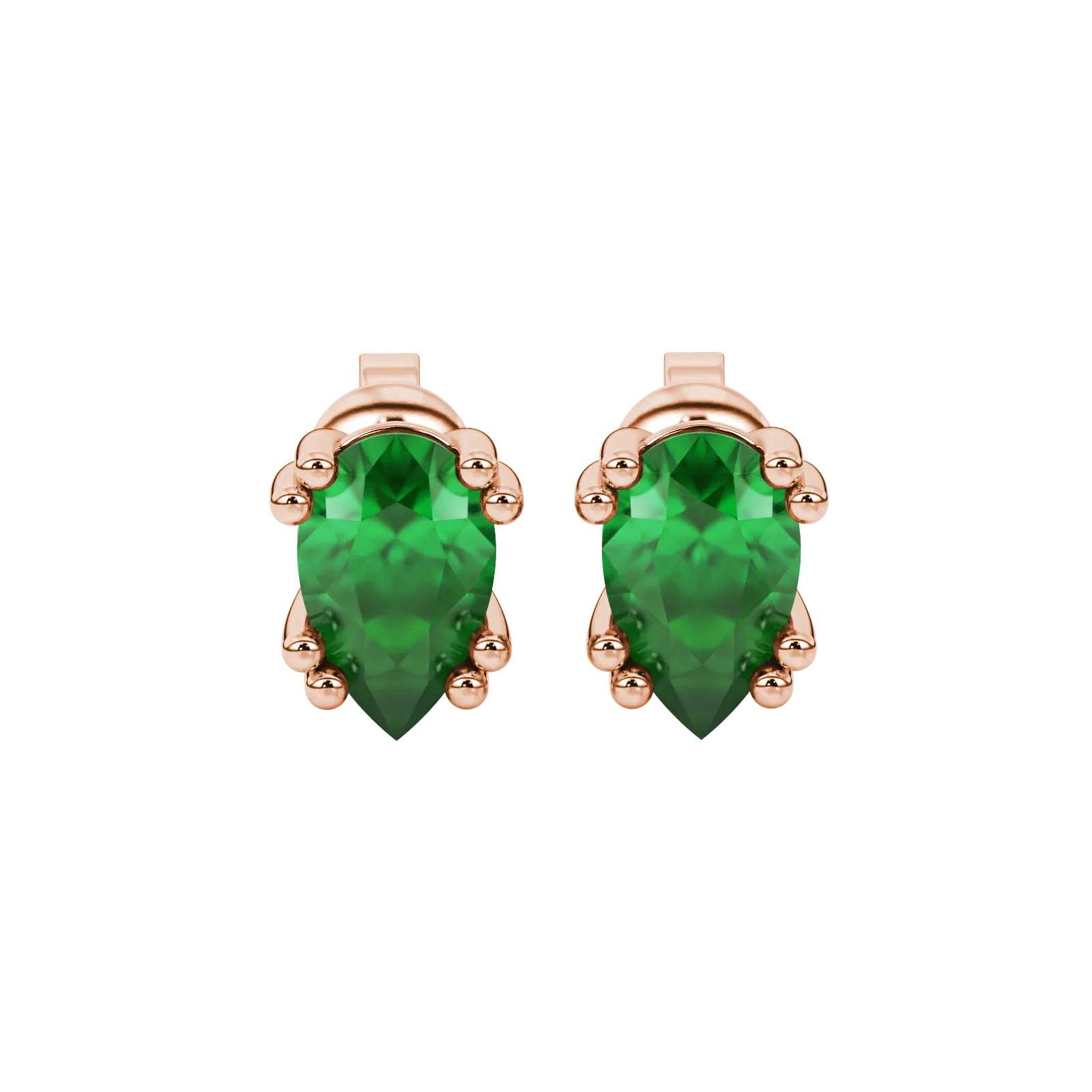 Pear shape emerald green gemstone earrings, rose gold vintage basket setting.