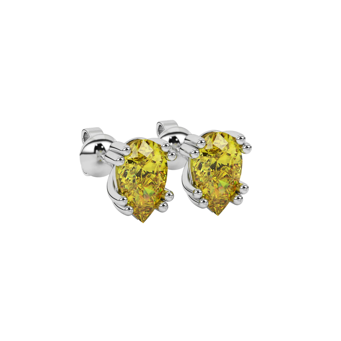 Pear shape canary yellow gemstone earrings, white gold vintage basket setting.