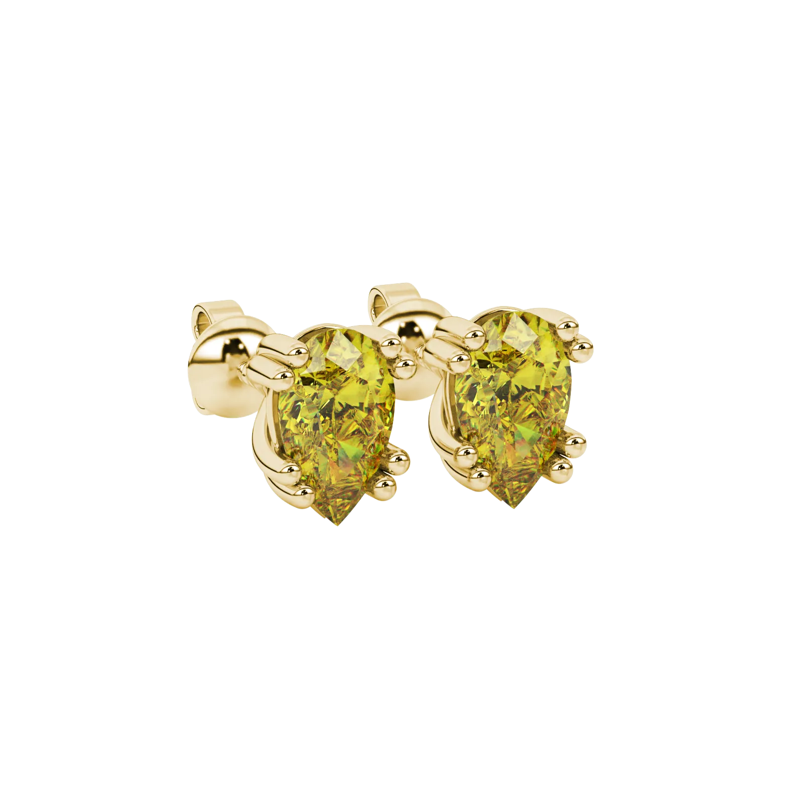 Close-up, pear shape canary yellow gemstone, yellow gold vintage basket earrings.