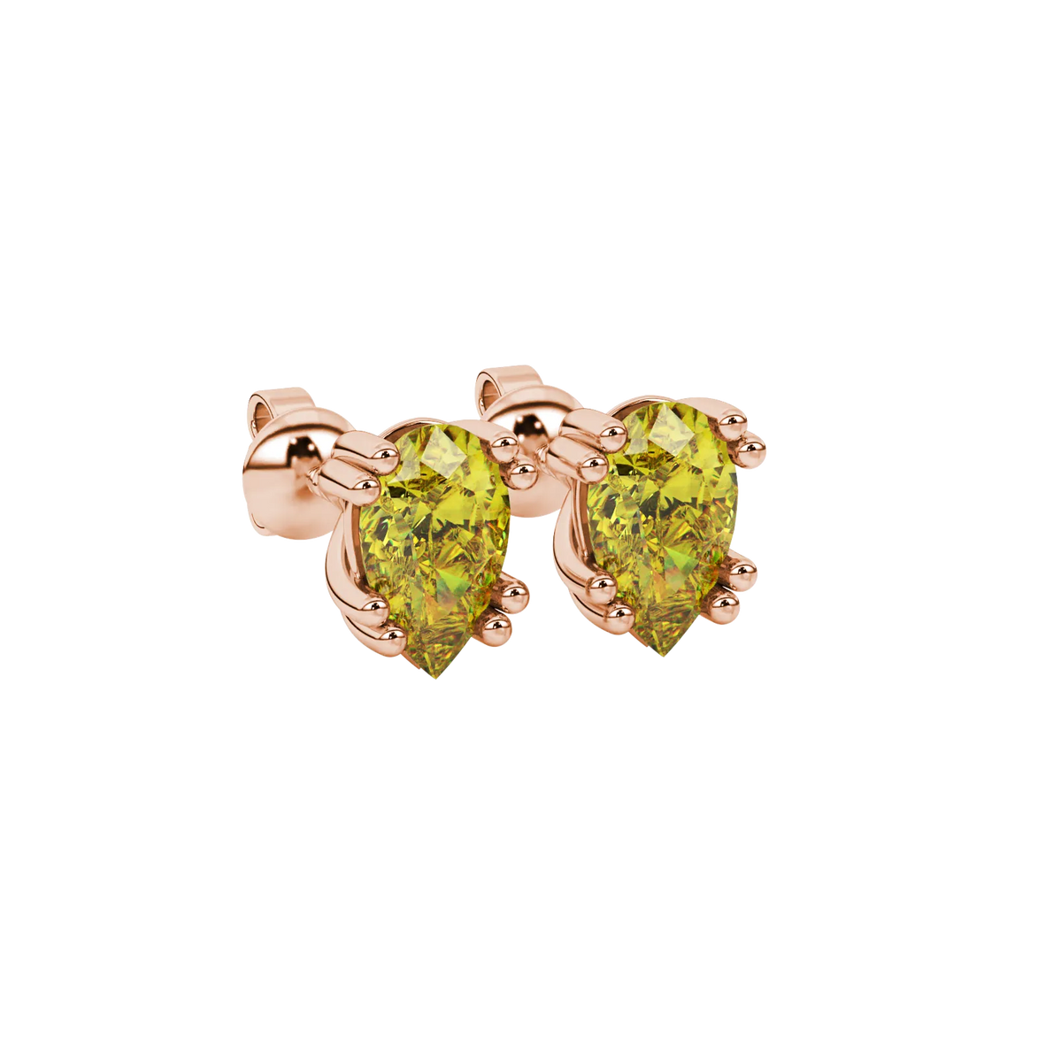 Close-up, pear shape canary yellow gemstone earrings, rose gold vintage basket