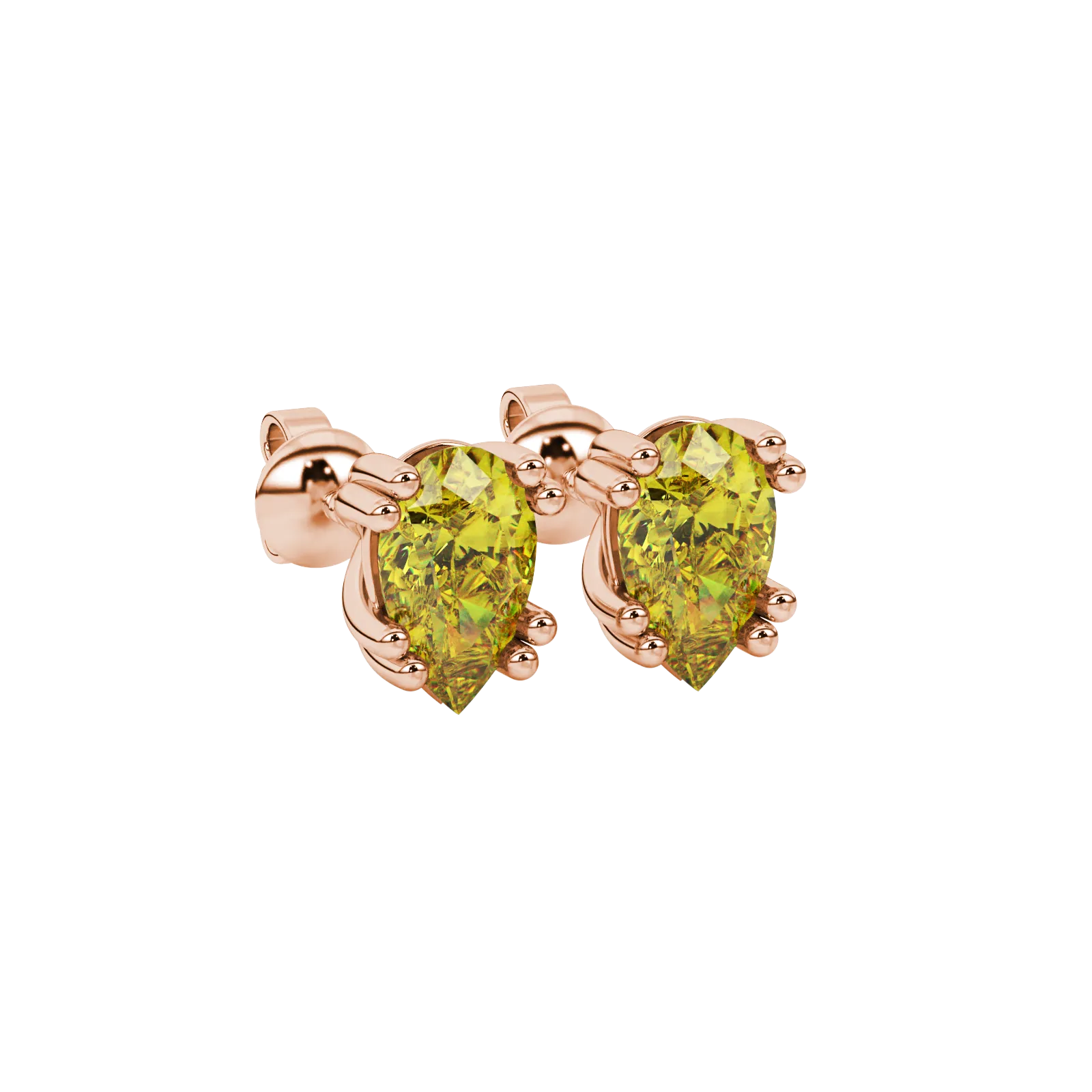 Close-up, pear shape canary yellow gemstone earrings, rose gold vintage basket