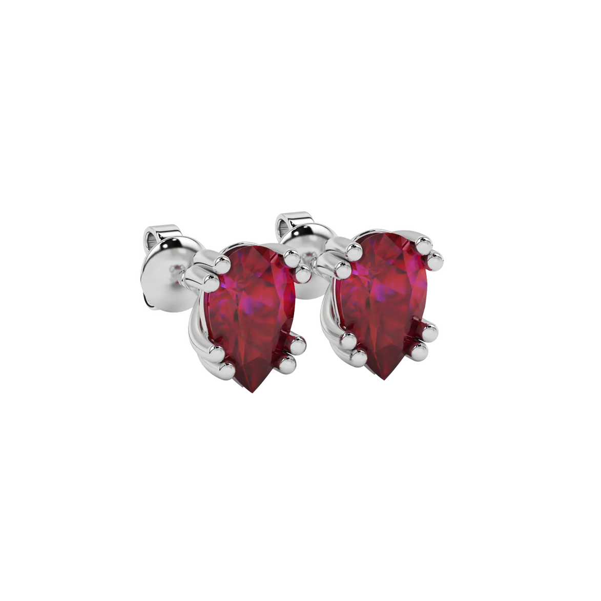 Close-up raspberry red gemstone earing, white gold vintage basket.