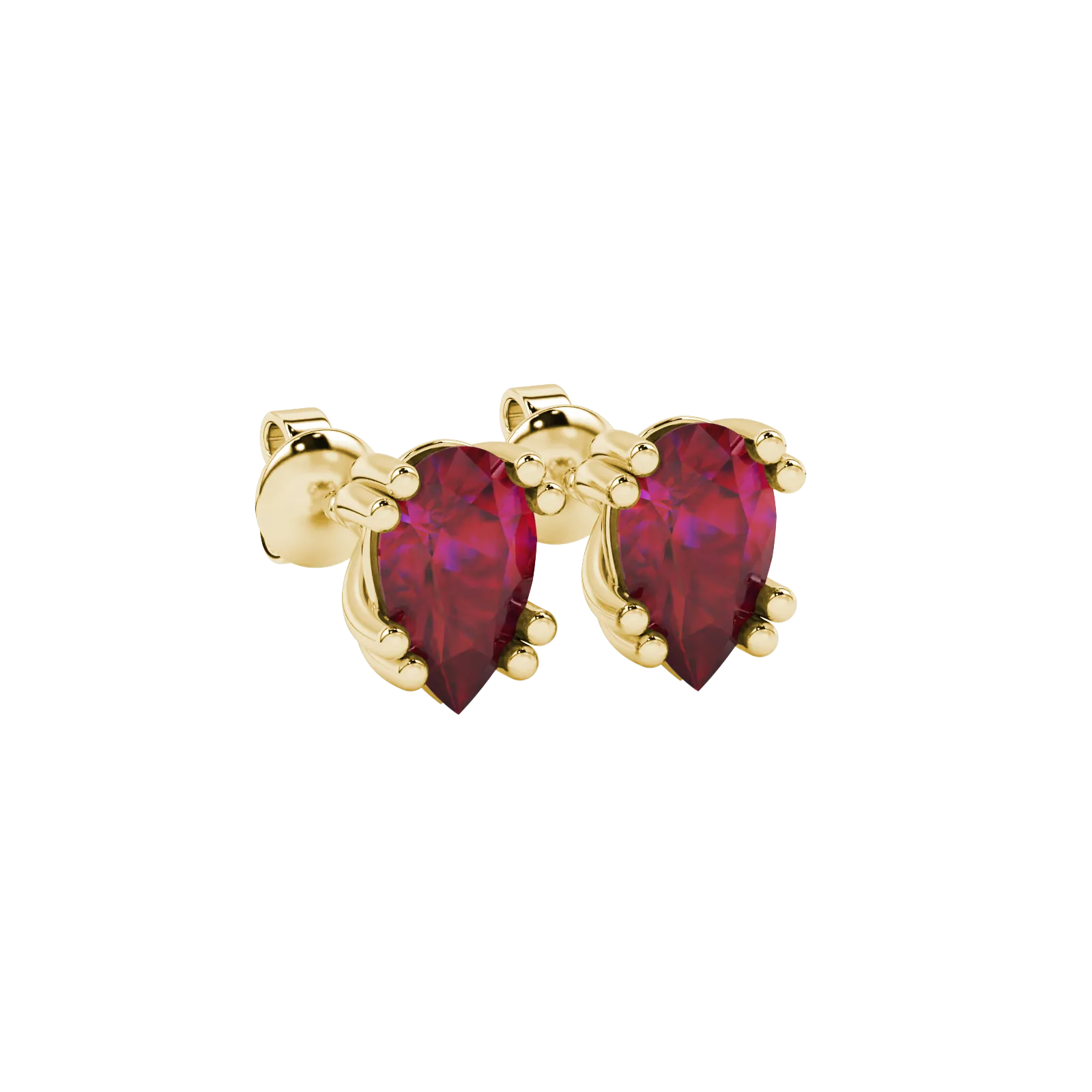 Close-up, pear shape raspberry red gemstone, yellow gold vintage basket earrings.