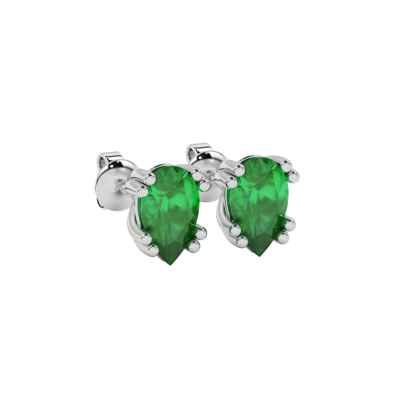 Close-up emerald green gemstone earing, white gold vintage basket