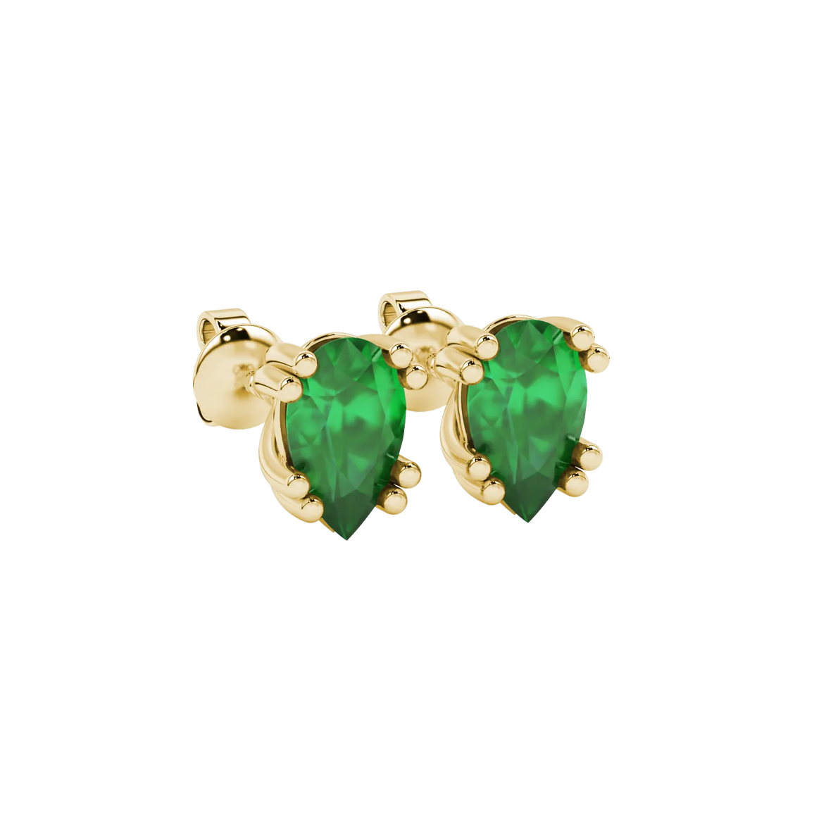 Close-up, pear shape emerald green gemstone, yellow gold vintage basket earrings.