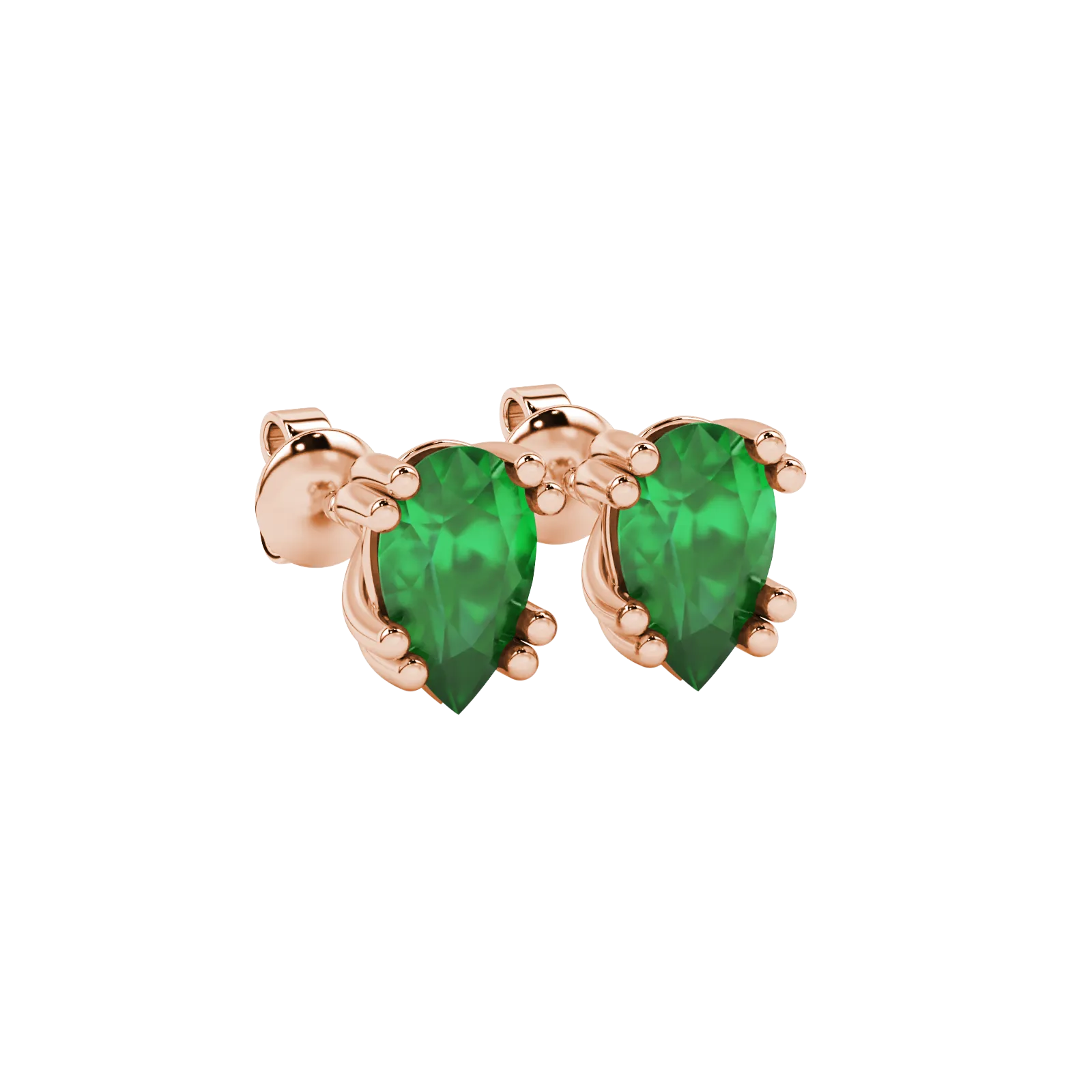 Close-up, pear shape emerald green gemstone earrings, rose gold vintage basket.