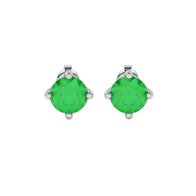 Round-cut emerald green gemstone stud earrings in a white gold four-prong setting.