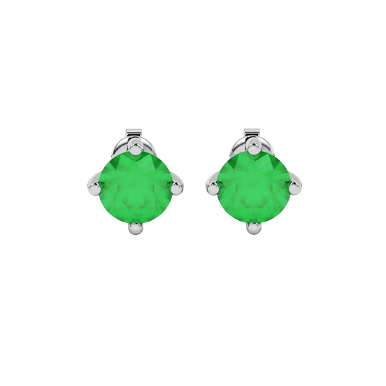 Round-cut emerald green gemstone stud earrings in a white gold four-prong setting.