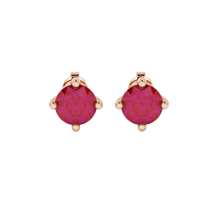 Round-cut raspberry red gemstone stud earrings in a rose gold four-prong setting.
