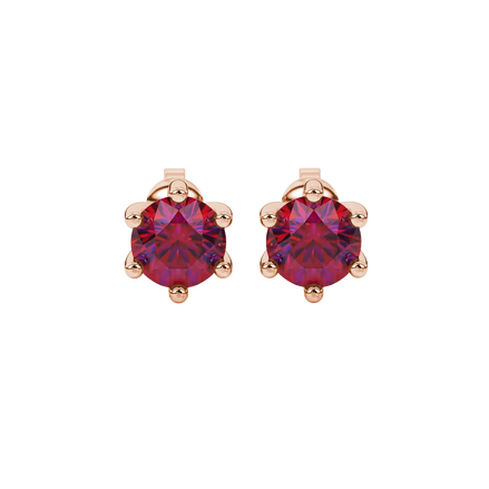 Round-cut raspberry red gemstone stud earrings in a rose gold six-prong setting.