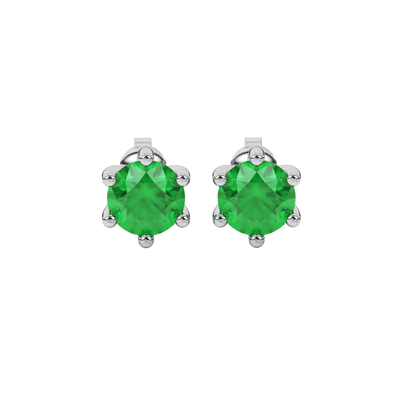 Round-cut emerald green gemstone stud earrings in a white gold six-prong setting.