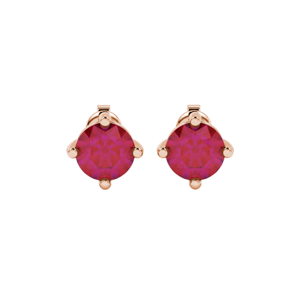 Round-cut raspberry red gemstone stud earrings in a rose gold classic basket setting