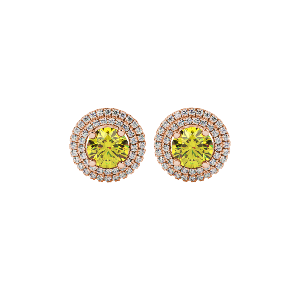 Close-up of a round canary yellow gemstone with an intricate rose gold diamond falling edge halo