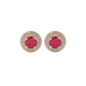 Close-up shot of a round raspberry red gemstone earring with a double diamond falling edge halo in rose gold