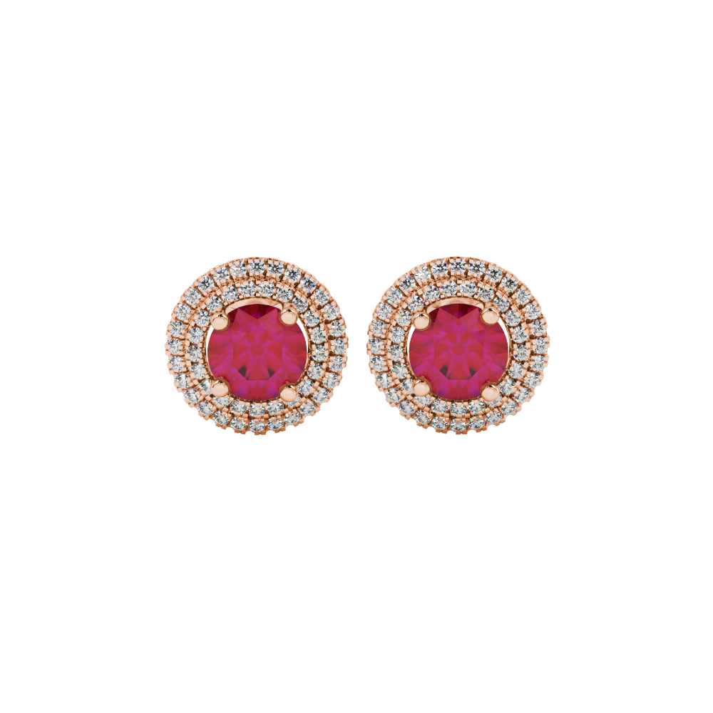 Close-up shot of a round raspberry red gemstone earring with a double diamond falling edge halo in rose gold