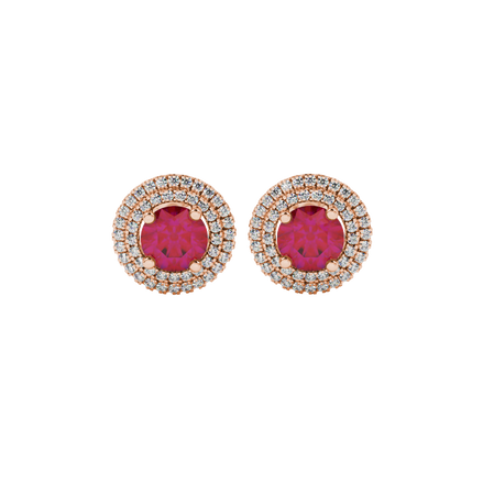 Close-up shot of a round raspberry red gemstone earring with a double diamond falling edge halo in rose gold