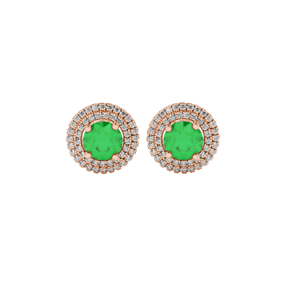 Close-up macro shot of a round emerald green gemstone earring with a rose gold diamond falling edge halo.