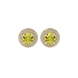 close-up of a round canary yellow gemstone secured in a yellow gold diamond falling edge halo.
