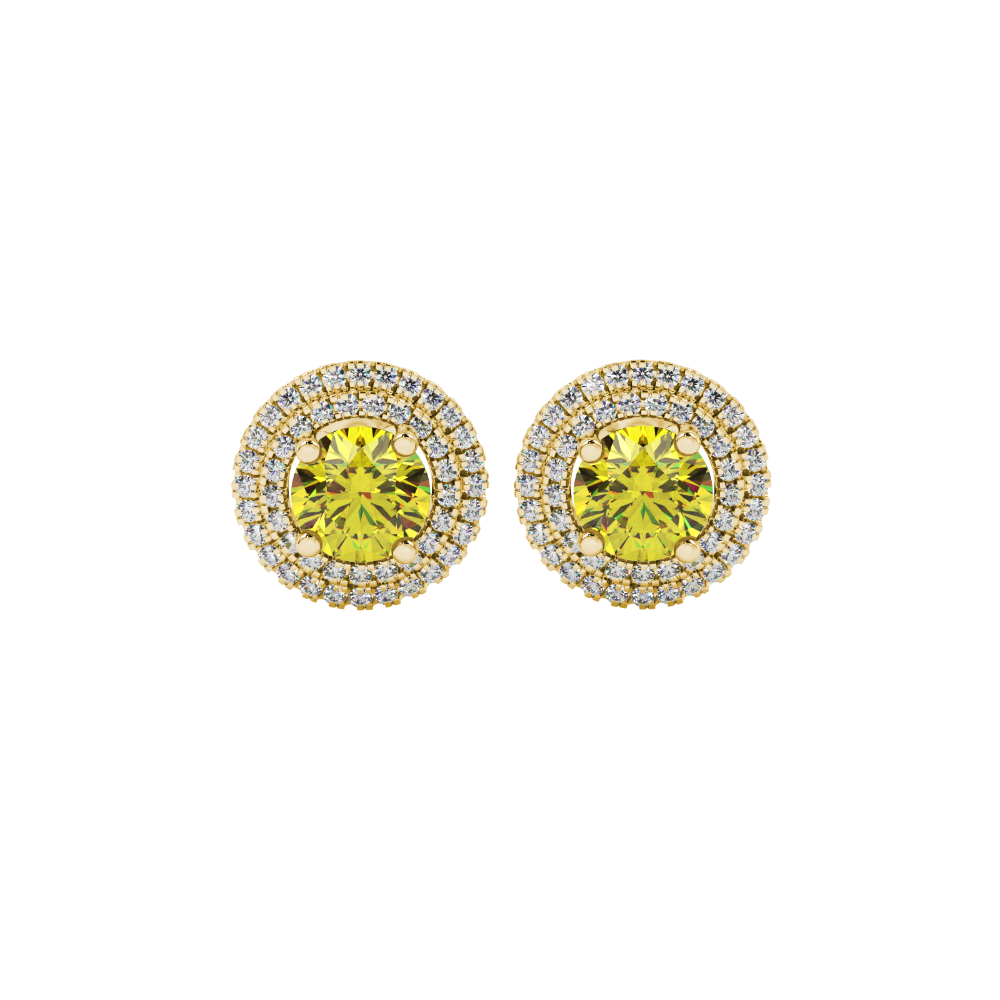 close-up of a round canary yellow gemstone secured in a yellow gold diamond falling edge halo.