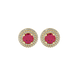 Close-up of a round-cut raspberry red gemstone surrounded by a yellow gold diamond falling edge halo.