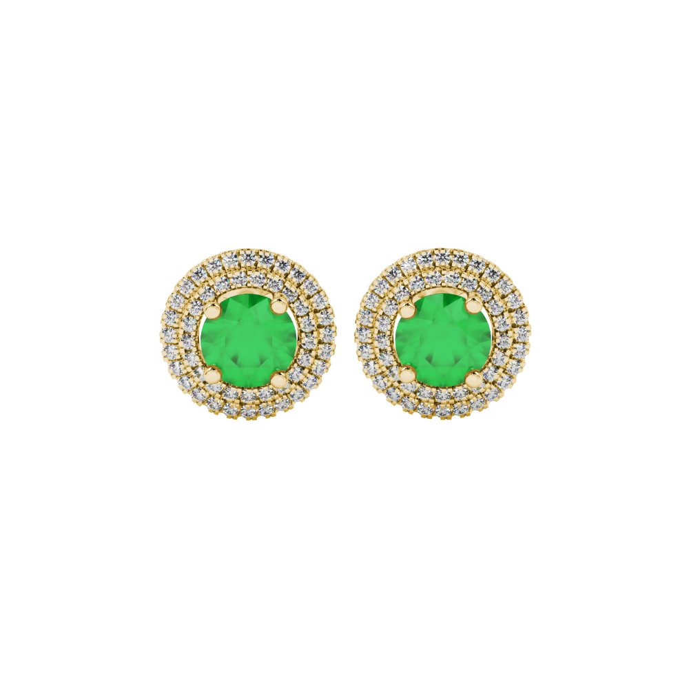 Close-up details of a round-cut emerald green gemstone in a yellow gold diamond falling edge halo.