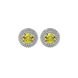 Close-up shot of a round-cut canary yellow gemstone in a white gold diamond falling edge halo setting.