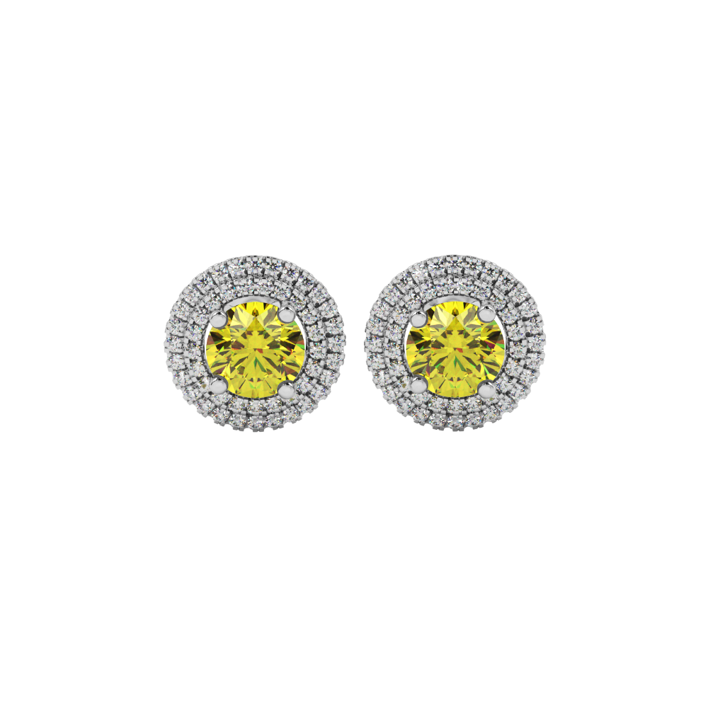 Close-up shot of a round-cut canary yellow gemstone in a white gold diamond falling edge halo setting.
