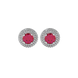 Close-up details of a round raspberry red gemstone secured in a white gold diamond falling edge halo setting.