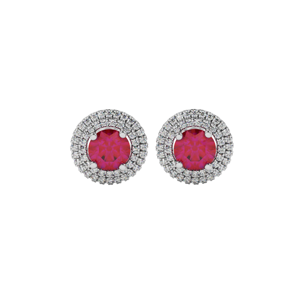Close-up details of a round raspberry red gemstone secured in a white gold diamond falling edge halo setting.