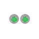 Close-up of a round emerald green gemstone enclosed in a white gold diamond falling edge halo setting.
