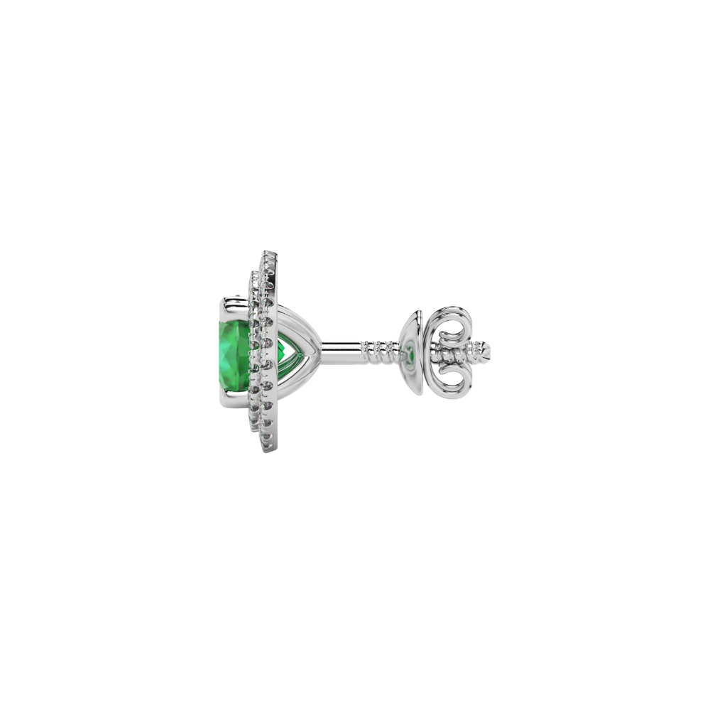 Side view of white gold emerald green gemstone stud earrings featuring a brilliant falling edge halo