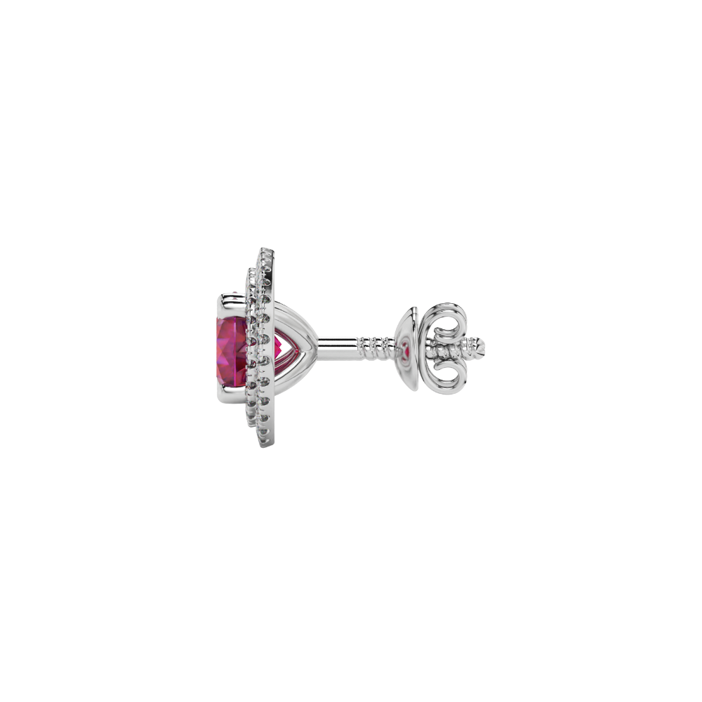 Side angle of white gold raspberry red gemstone stud earrings 